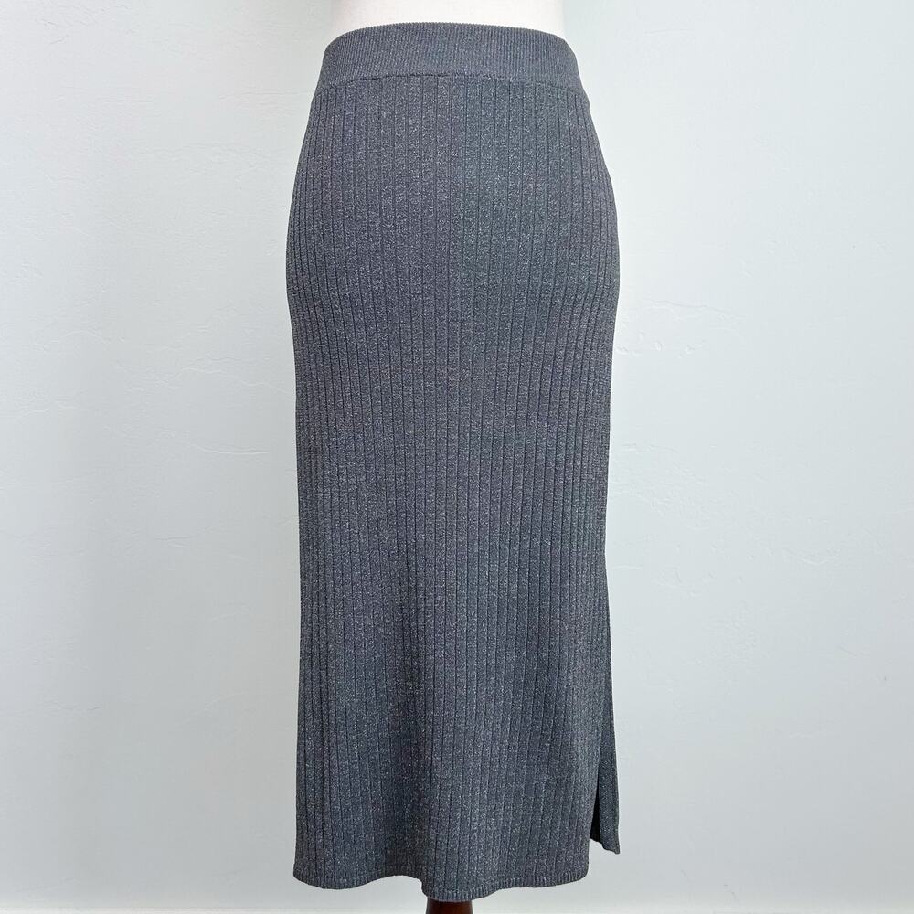 Nanette Lepore Silver Lurex Metallic Rib Knit Side Slit Pull-On Midi Skirt LARGE